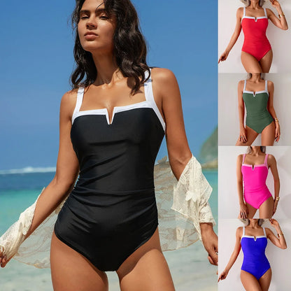 Swimwear Woman One Piece Swimsuit Sleeveless V Neckline Ruched Waist Thin Straps High Cut Legs Black Red Women's Bathing Suit