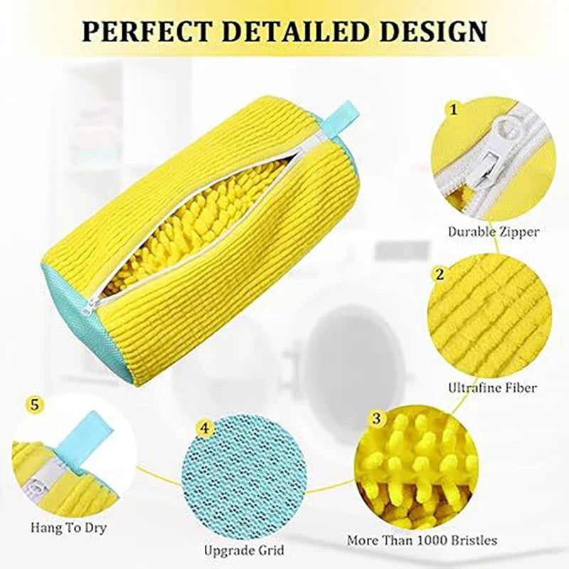 Fluffy Fiber Shoe Washing Bag 360° Surround Cleaning Reusable Durable Machine-Washable Laundry Bag with Zipper Closure (1pc)